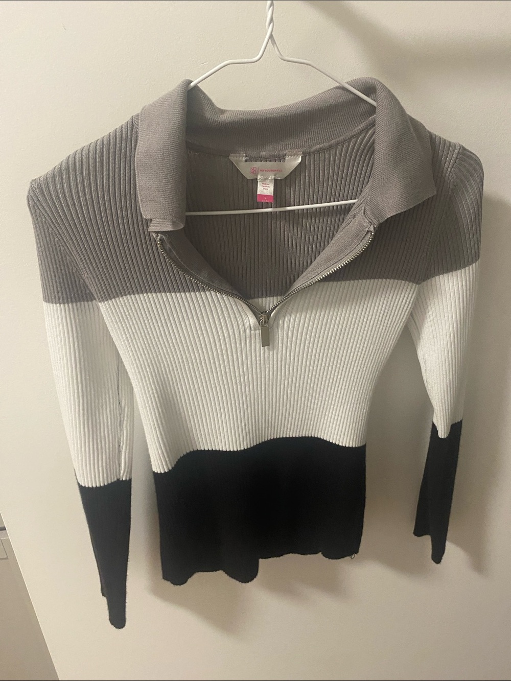 NOBO Gray White Black Ribbed Half-Zip Turtleneck Sweater